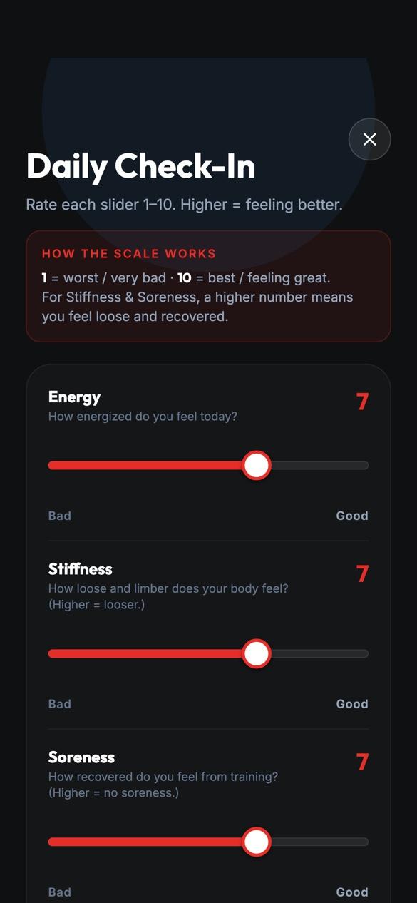 Daily check-in sliders for energy, stiffness, soreness, sleep and hydration