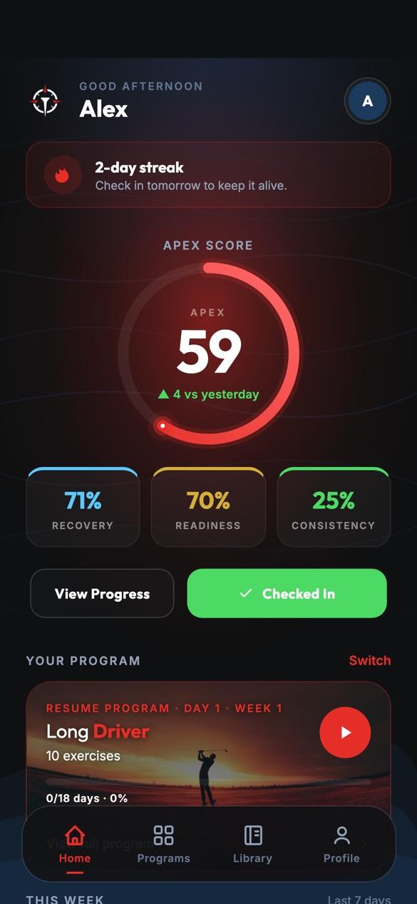Apex home screen with today's Apex Score and your program