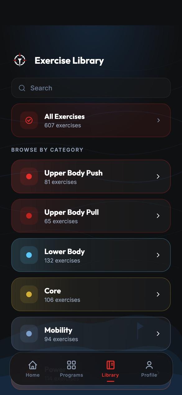 Exercise library browsed by category