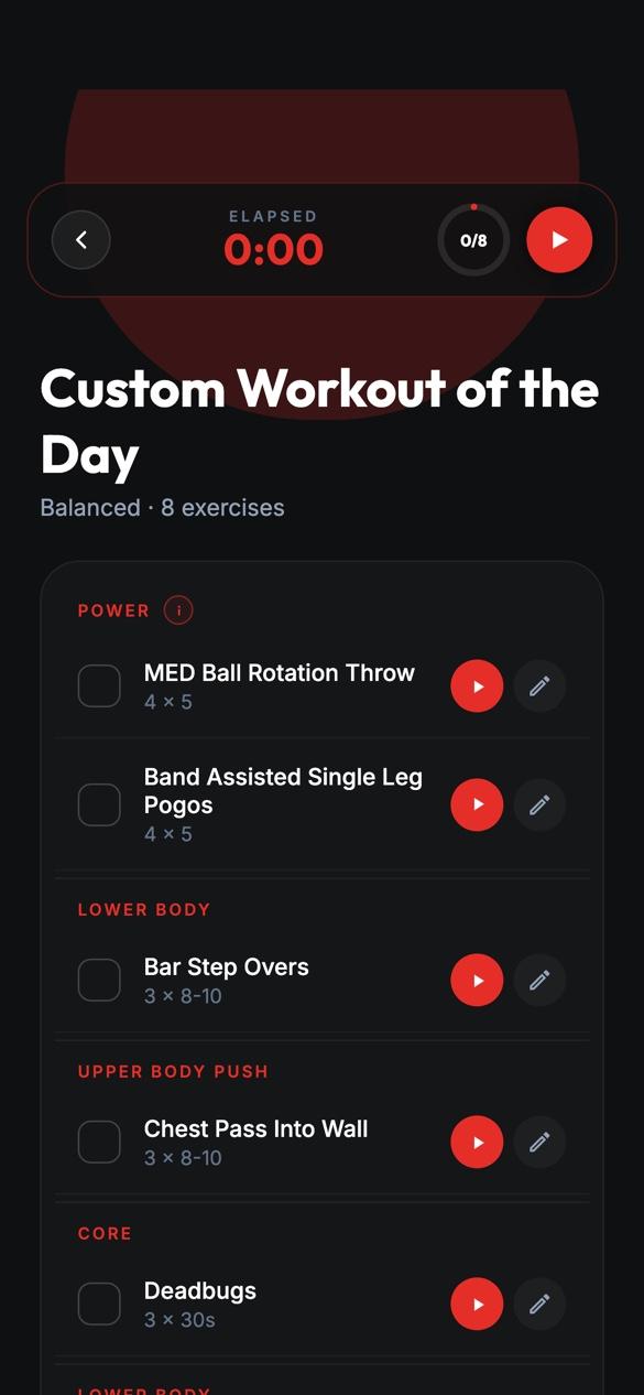 Custom Workout of the Day with exercises grouped by focus